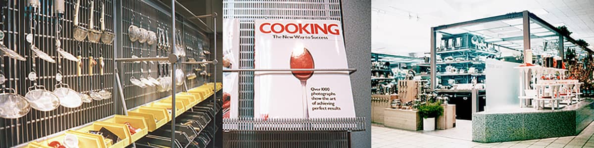 伊勢丹調理用品売り場、H型鋼、グレーチングによる売場デザイン