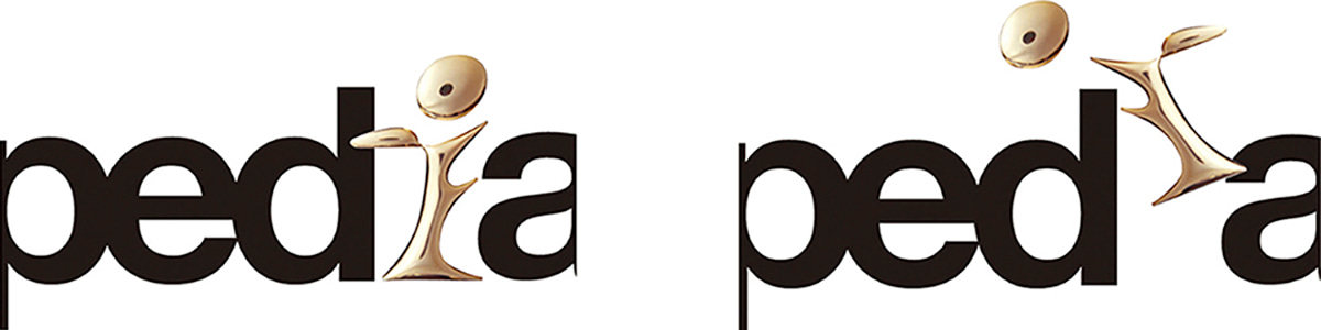 pediaの(i)部分をinformationに遊ぶフリスビー犬に見立てデザイン